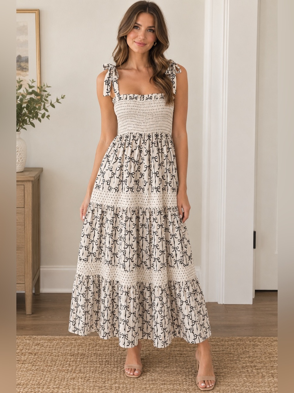 Simply Southern Bow Smocked Maxi Dress in Cream & Black Size Small